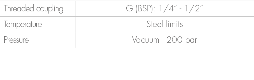 Threaded coupling,G (BSP): 1/4” 1/2”,Temperature,Steel limits,Pressure,Vacuum 200 bar 