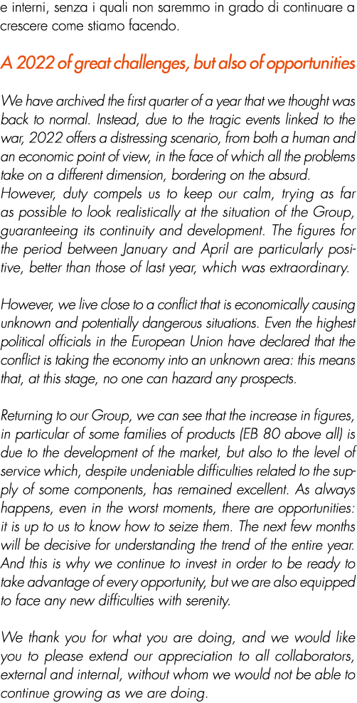 e interni, senza i quali non saremmo in grado di continuare a crescere come stiamo facendo. A 2022 of great challenge...